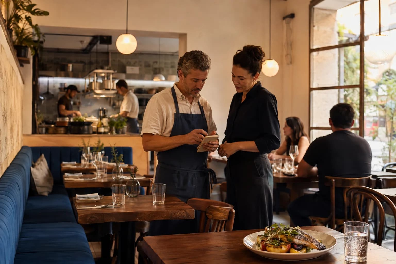 Un equipo de restaurante preparando el servicio